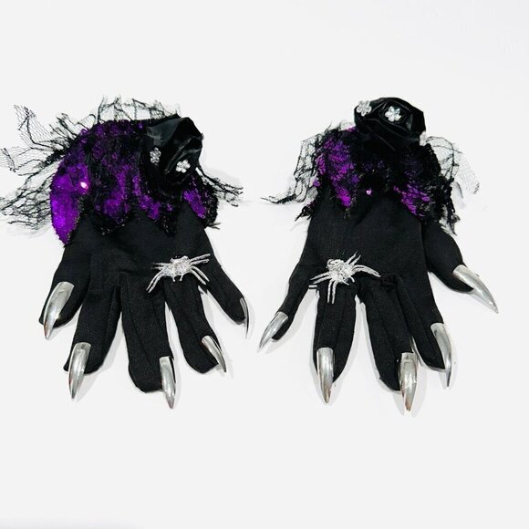 Witch Gloves Black w/ Chrome Nails, Spider Rings & Purple Sequins Costume - Picture 1 of 5
